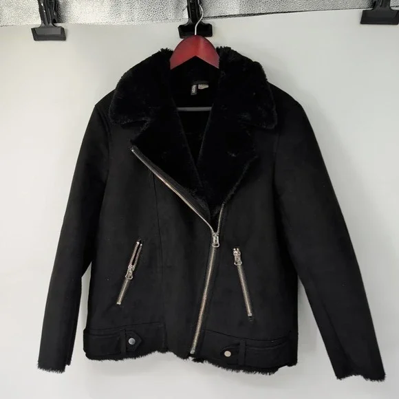 H&M Divided Womens Black Faux Suede Aviator Biker Jacket Faux Fur Lining Size 8