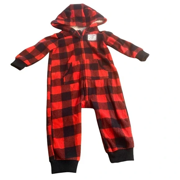 Carter's Fleece Hooded Jumpsuit Baby Red Black Buffalo Plaid Excellent‎ SIZE 9M