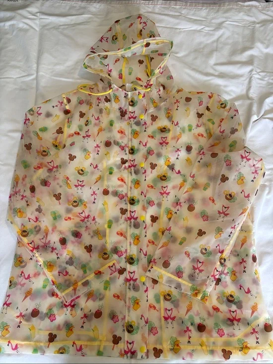 Disney Clear Hooded Rain Jacket with Pink Flamingo & Yellow Trim