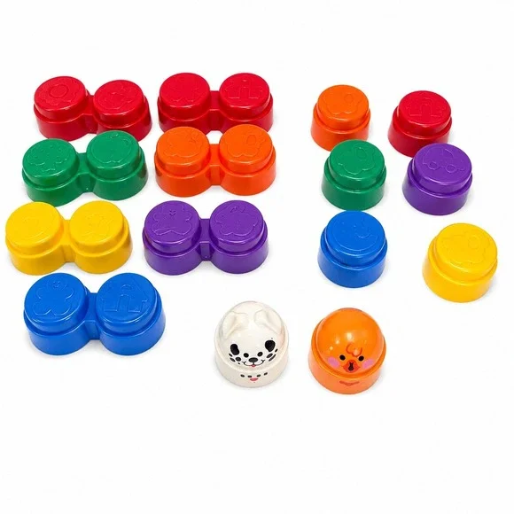 Fisher-Price 1996 Vintage Stacking Blocks Set Rattle Dog Chick Toppers 15pc