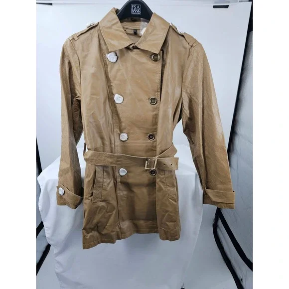 Iman Platinum Collection Tan Genuine Leather Belted Trench Coat Womens XL New
