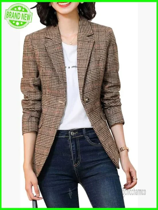 Womens Notch Lapel 2 Button Blazer Houndstooth Plaid Jacket Coat Suit