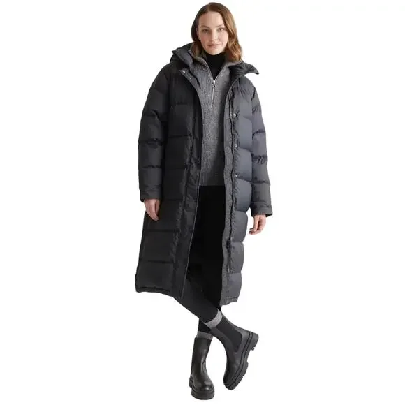 New Quince Women's Large Responsible Down Long Puffer Jacket Hooded Black $200