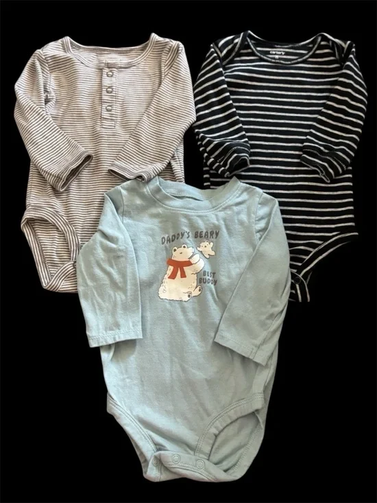 Carter's 3-Pack Long-Sleeve One-Pieces - Light Blue, Black & Tan Stripes Size 6M