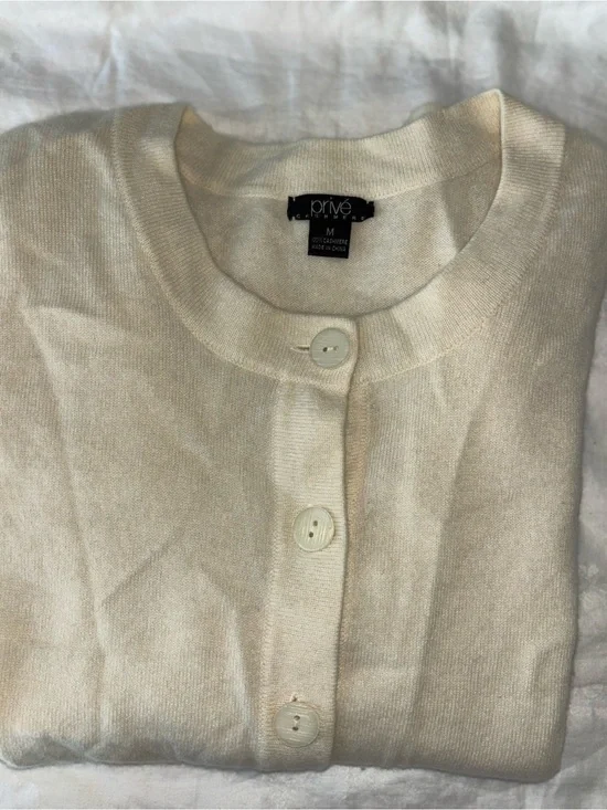 Privé Cashmere Cardigan Sweater Women M Ivory Cream 100% Wool Button Pocket