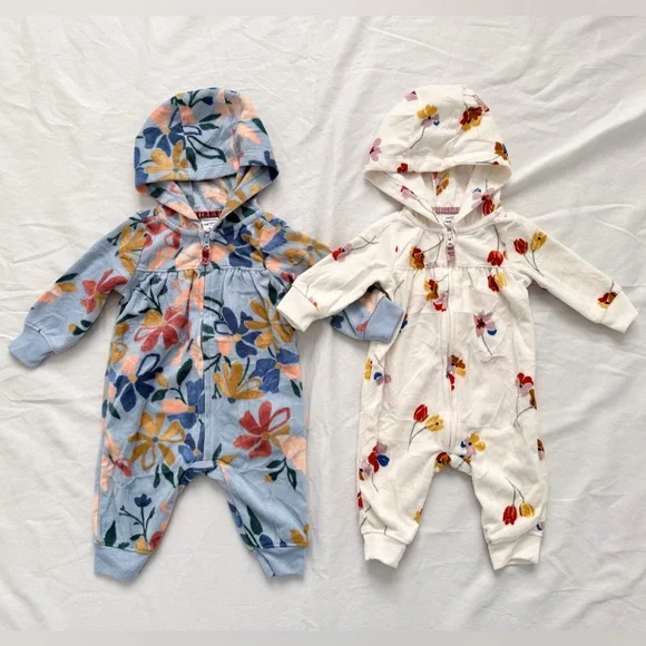 Carters Bundle | 2 Infant Girls Fleece Zip Hooded Jumpsuit | 3 months | Floral