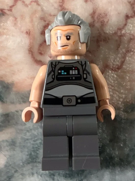 Lego Gray-Haired Male Minifigure with Dark Gray Outfit