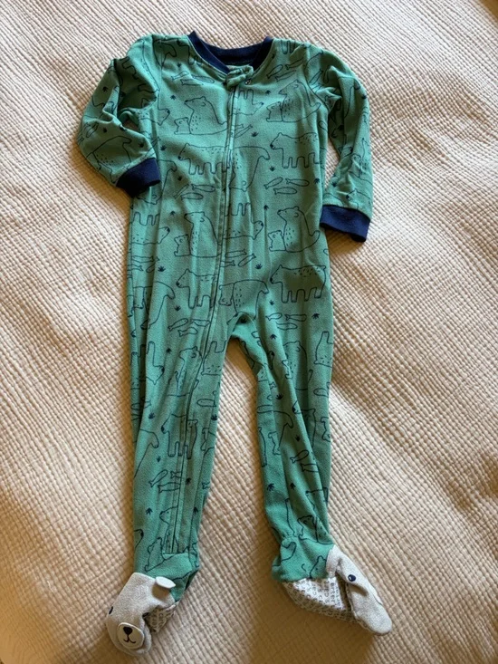 Carter's Green Bear Print Footed Pajamas with Navy Trim