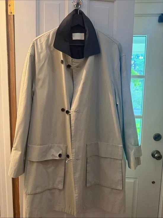 Lightweight beige trench with gray collar and lining