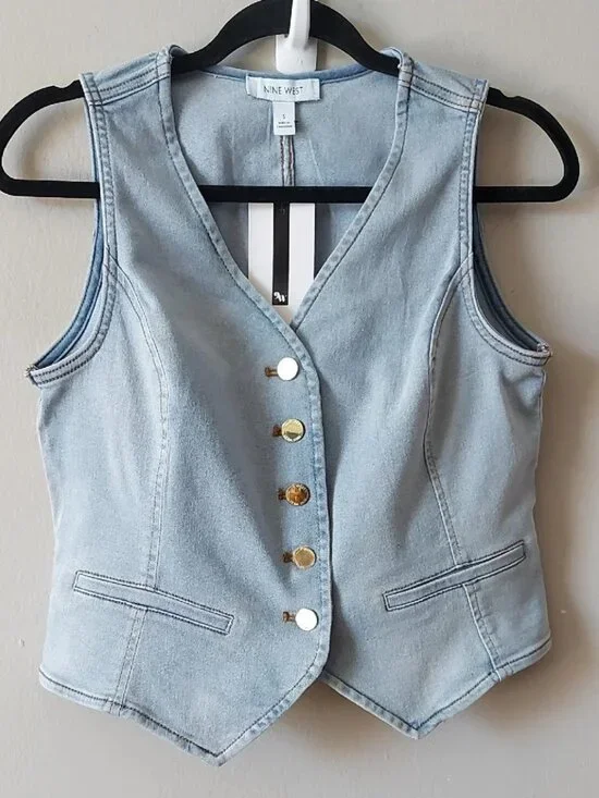 Y2k 90s Edgy Sleeveless Stretch Blue Denim Vest Small Vneck Button Down Crop Top