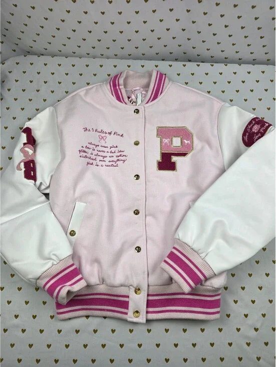 NWT Victoria's Secret PINK LoveShackFancy Varsity Jacket Pink LARGE NEW HTF