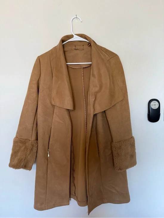 T Tahari Tan Faux Suede Trench Coat with Faux Fur Cuffs