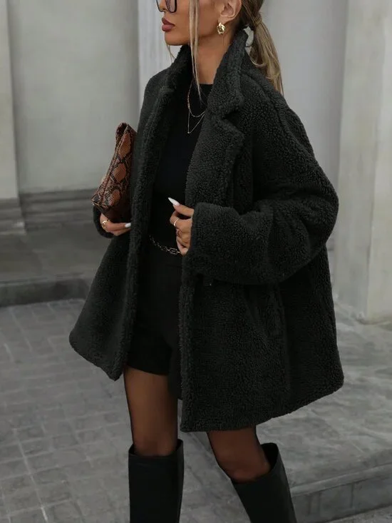 Black Casual Women's Teddy Fleece Long Sleeve Double-Breasted Pocket Jacket