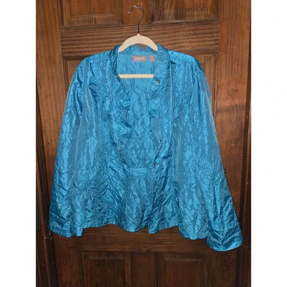 Chicos Blue Crinkle Ruffle Front Jacket Size 3‎ XL Lightweight Shimmer Peplum