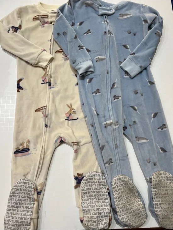 Carter's Kids Velvety Fleece One-Piece Footed Pajamas - Blue & Cream 18m