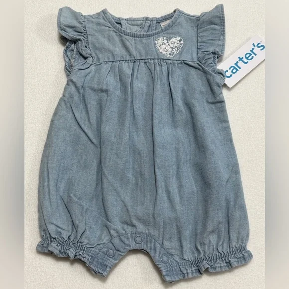 Carter’s Newborn (0M) Chambray Romper with Heart Detail - NWT