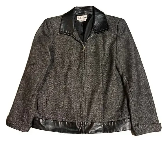Vtg Joan Leslie Womens Tweed Blazer Sz 8 Black Faux Leather Trim Office Academia