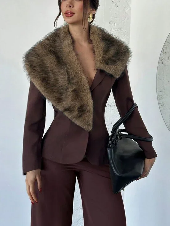 Brown Casual Women's Faux Fur Collar Waist Cinched Long blazer jacket