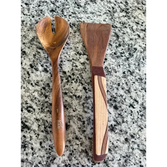 Handcrafted Wooden Kitchen Set of 2 Salad Spoon Spatula‎ Rustic Artisan Wood
