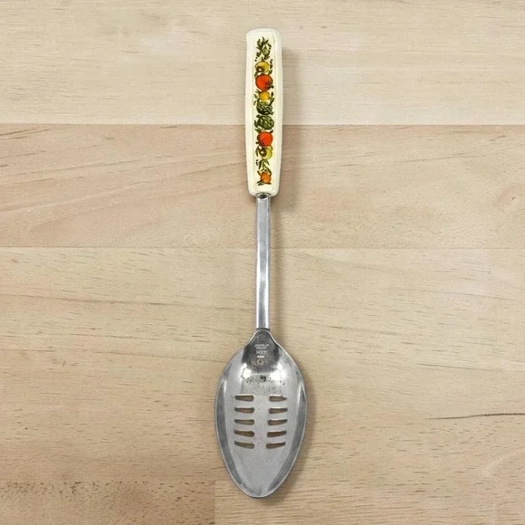 VTG Ekco Slotted Spoon Fruit Vegetable Harvest Handle Chromium Plated USA 1970s