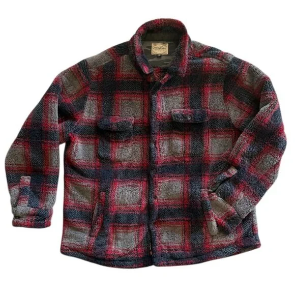 Flag & Anthem Men's XL Red/Navy/Gray Fleece Plaid Button Heavy Flannel Jacket