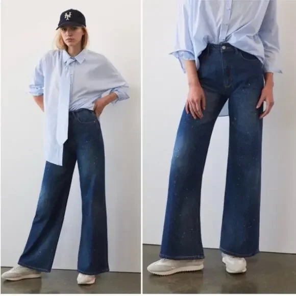 ANTHROPOLOGIE Pilcro The Annie Wide Leg Ultra High Rise Paint Splatter Jeans 27