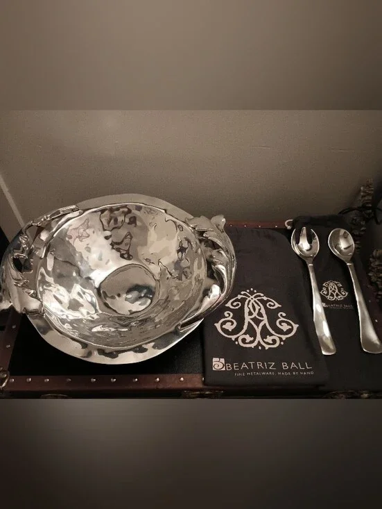 Beatriz Ball Stainless Salad Serving Set W Serving Utensils Polished Silver Tone