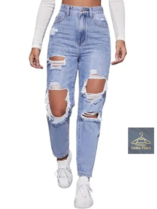 High Waist Boyfriend Straight Leg Ripped Jeans Distressed Denim Pants
