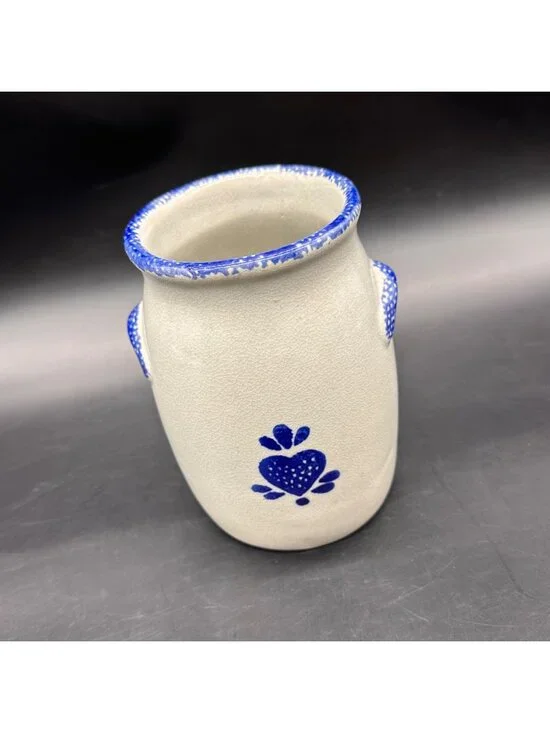 Vintage Crock Gray Blue Heart Utensil Holder Vase Country Cottage 1990s Ceramic