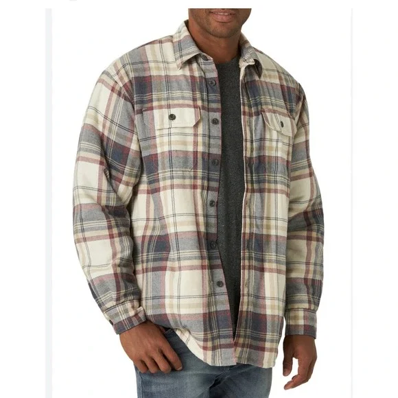 Wrangler Men's Lg Plaid Sherpa Lined Button Up Shirt Jacket‎ Distressed Worn