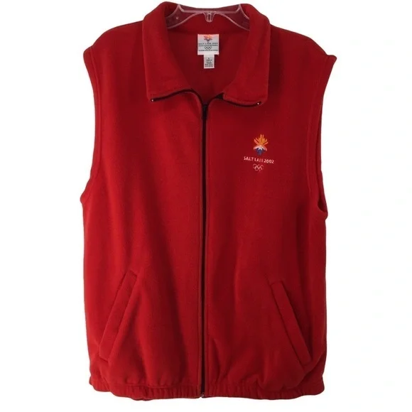Olympics Salt Lake 2002 Red Sleeveless Full Zip Warm Fleece Vest Mens Sz L