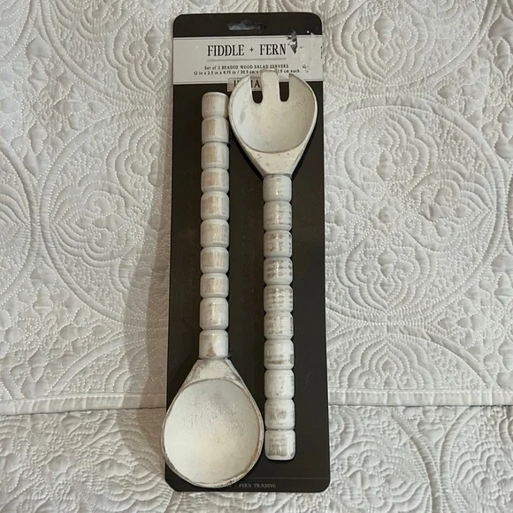 Fiddle + Fern set of 2 beaded‎ wood salad servers, new