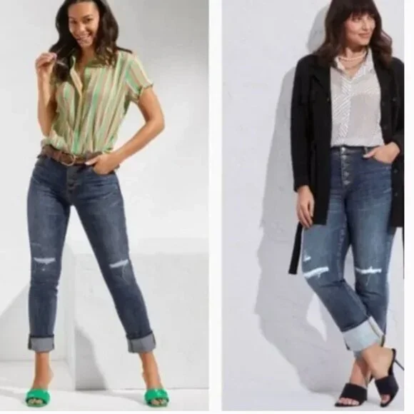 NWT Cabi #6068 Button Fly Straight Leg Jeans Distressed Stretch Rework Wash 20