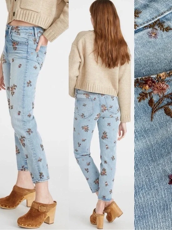 Driftwood NWOT Gizelle Embroidered Flowers Cropped Jeans W29
