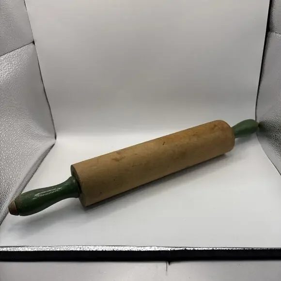 1940’s Vintage Wooden Rolling Pin With Green Handles 17.5”