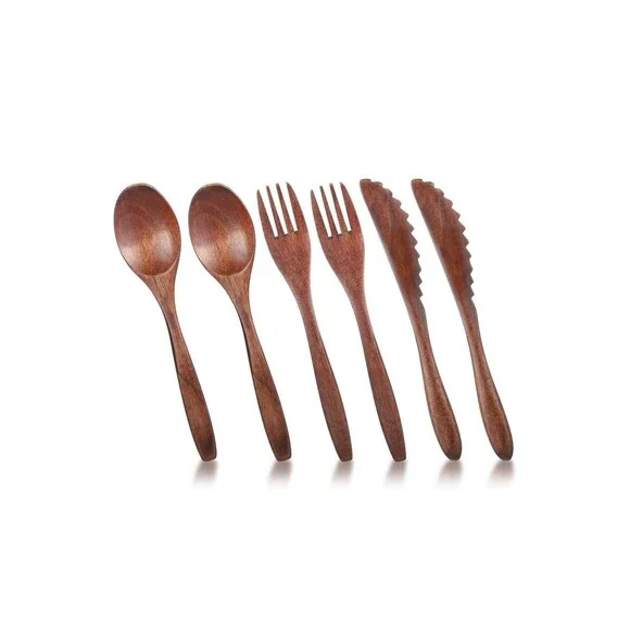 6Pc Bamboo Wooden Utensil Set Reusable Fork Spoon Cutlery Camping Picnic Kit New
