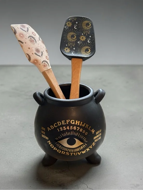 Witchy Silicone Spatula Set with Black Cauldron Holder Celestial Kitchen Decor