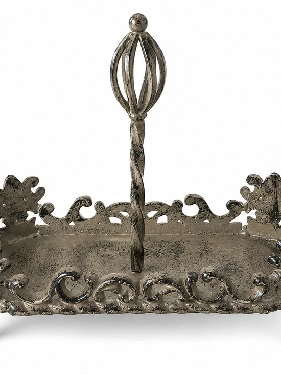 Vintage Ornate Cast Iron Handle Decorative Tray