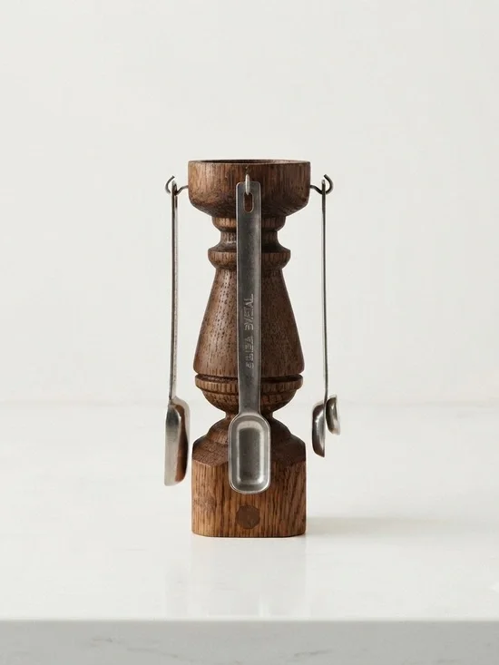 Vintage Wooden Measuring Spoon Stand Set Hanging Metal Spoons Kitchen Decor