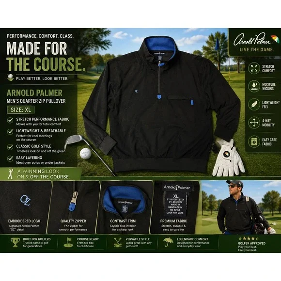 Arnold Palmer Men's XL Black 1/4 Zip Pullover Golf Jacket Stretch Blue Trim