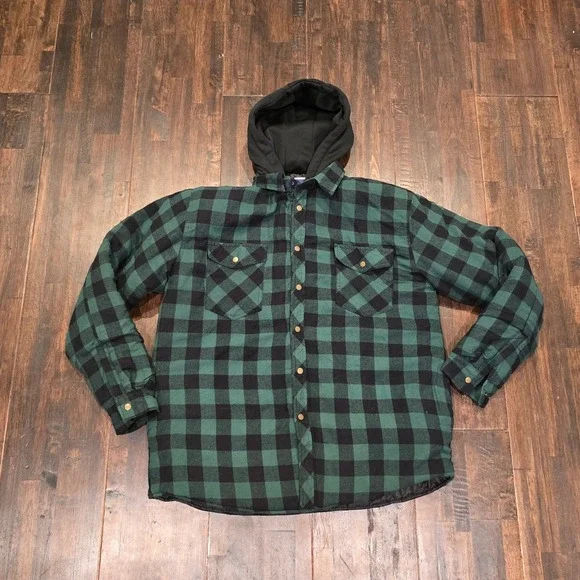 Y2K Ground Force Mens L Green Plaid Flannel Lined Hooded‎ Shirt Jacket Grunge