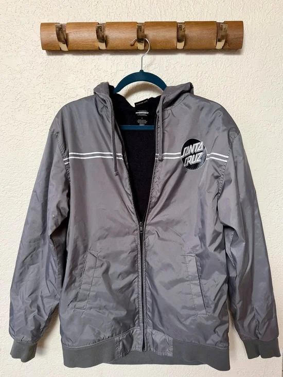 Santa Cruz Skateboards Men's Gray Hooded Windbreaker Jacket with White Stripe