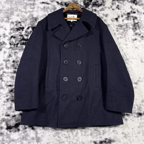 Fox Knapp Pea Coat Mens Size 42‎ Black Naval Buttons Officer City Wool Old Money