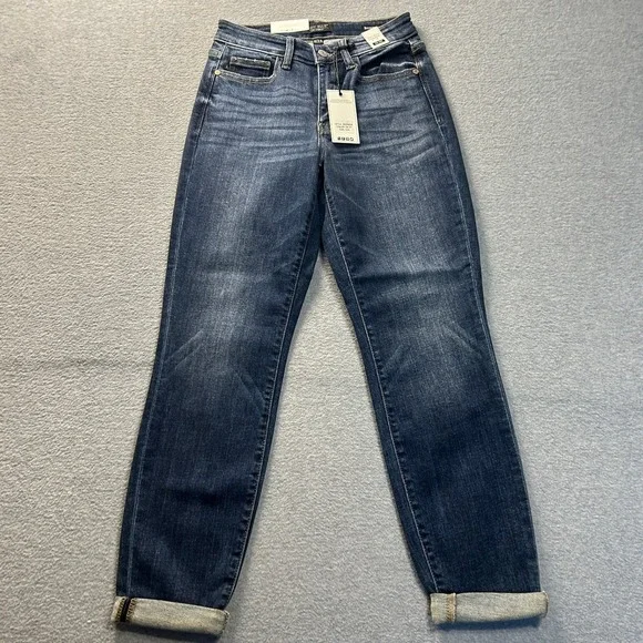 Judy Blue Boyfriend Jeans Womens 0/24 Mid Rise Dark Wash Blue Cuffed Stretch Fit