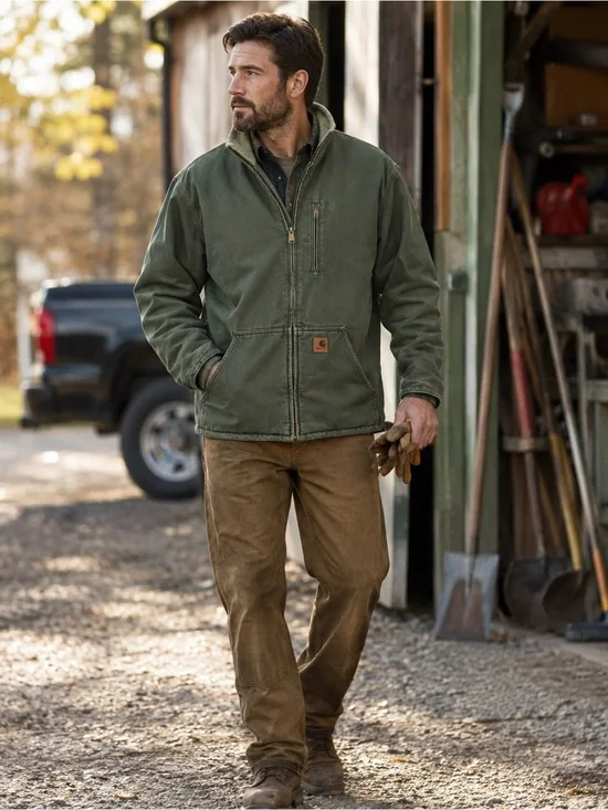 Carhartt Men's Weathered Olive Green Heavy Duty Canvas Sherpa-Lined Jacket L