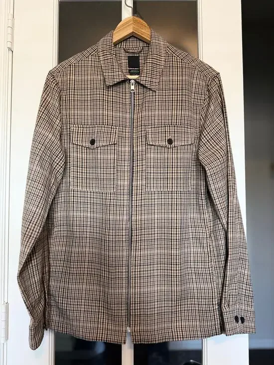 H&M Men’s Regular Fit Glen Plaid Zip Shirt Jacket Shacket Beige Black Size Small