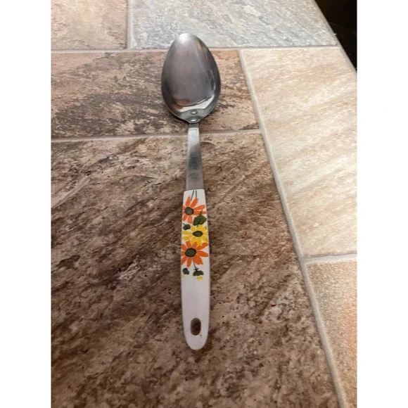Vintage Ekco Stainless Steel Basting Spoon Orange Yellow Daisy Floral 12 Inch