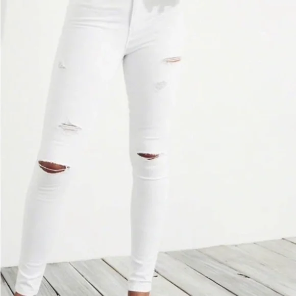 Hollister Classic Stretch High Rise Distressed Super Skinny White Jeans