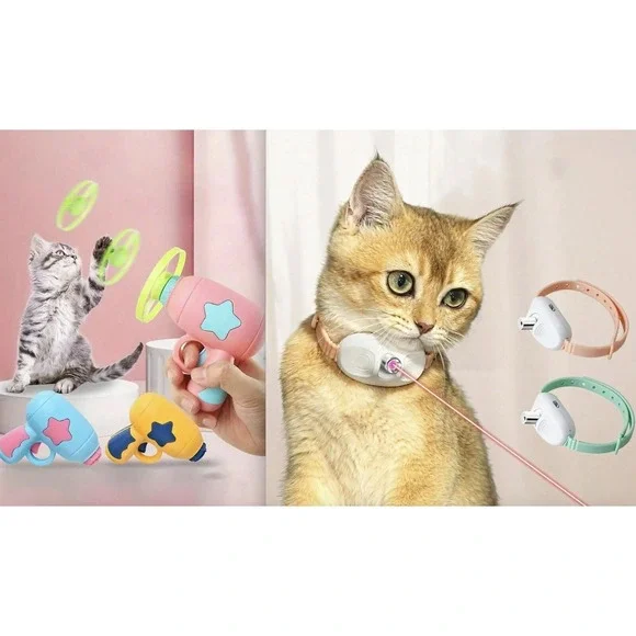 NEW 2x Tech Cat Toys- Light‎ Pointer Collar Flying Disc Kitten Interactive