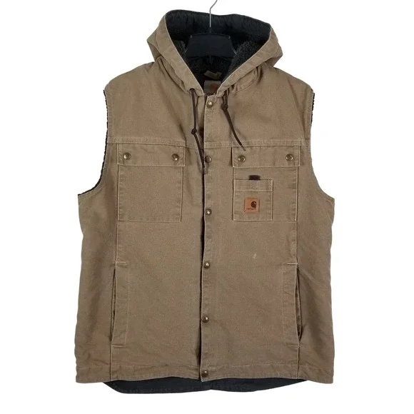 Carhartt Hooded Vest Mens‎ Large Brown Sherpa Lined Duck Canvas 100114 903